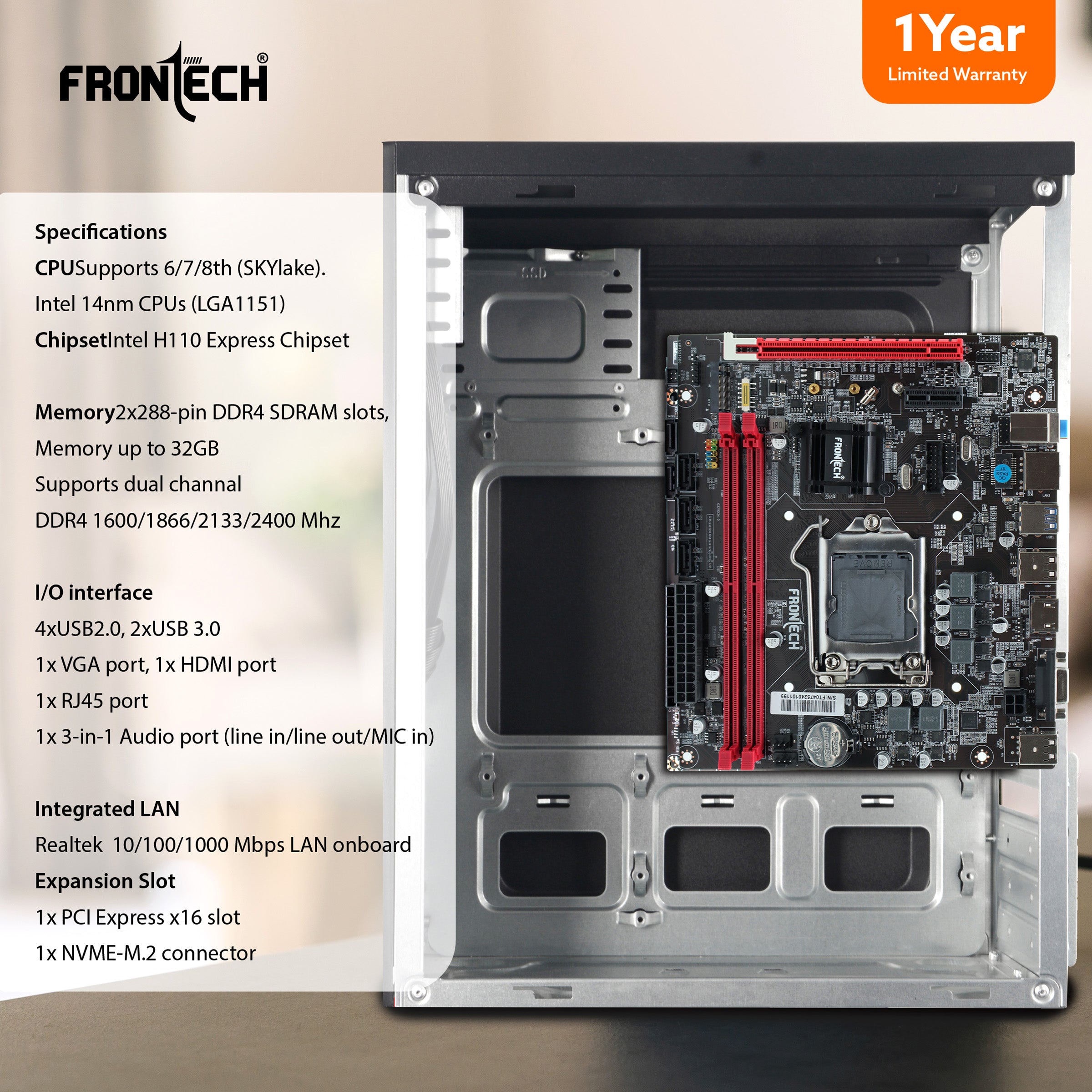 Frontech H110 Motherboard | LGA1151, 2xDDR4, Supports 6th/7th Gen (Skylake) CPUs, 2xUSB 3.0, 4xUSB 2.0, 3xSATA, NVMe/M.2, HDMI, VGA, PCIe x16 (FT-0475) Frontech H110 Motherboard | LGA1151, 2xDDR4, Supports 6th/7th Gen (Skylake) CPUs, 2xUSB 3.0, 4xUSB 2.0, 3xSATA, NVMe/M.2, HDMI, VGA, PCIe x16 (FT-0475)